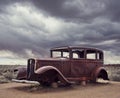 Route 66 vintage car relic near the north entrance of Petrified Forest National Park in Arizona, USA