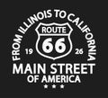 Route 66 vintage retro print for t-shirt. Typography graphics with road sign from Illinois to California. Apparel design