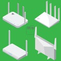 Router isometric icons set. Isolated