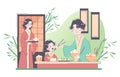 Daily routine of an asian family. Japanese characters in traditional