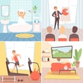 Daily routine background. Busy businessman everyday lifestyle morning afternoon evening night vector cartoon background