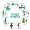 Daily routine for child. Pie Chart. Baby frog performing various tasks during the day