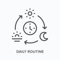 Daily routine flat line icon. Vector outline illustration of sun, moon and sunset. Black thin linear pictogram for