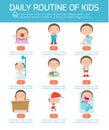 Daily routine of happy kids. infographic element. Health and hygiene, daily routines for children, Vector Illustration