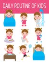 Daily routine of happy kids. infographic element. Health and hygiene, daily routines for children, Vector Illustration.