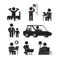 Daily routine icons. Active person lifestyle silhouettes wake up eating bathing working sleeping vector pictograms