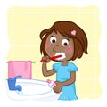 Tooth brushing - little black girl with dark brown hair in the bathroom