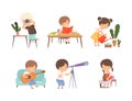 Daily routine of little boys and girl. Cute kids photographing, playing guitar, making clay pot, watering plants cartoon