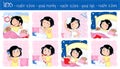 Daily routine of a little girl with dark hair - Set of eight good morning and good night routine actions