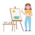 Daily routine scene, girl painting on canvas with brush and color palette