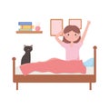 Daily routine scene, waking up woman sitting with cat on bed