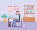 Daily routine scene, woman working at her desk with cat at home