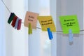 Daily routine schedule of being a mother written with handwriting in colorful paper notes hanging on rope. Royalty Free Stock Photo
