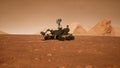 A Rover during a dust storm on the red planet. Curiosity Rover on Mars. 3D Rendering