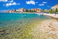 Rovinj. Beautiful historic town of Rovinj beach and waterfront view Royalty Free Stock Photo