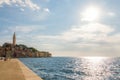 Rovinj cityscape and Adriatic sea coast view on sunny day