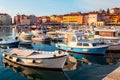 Rovinj cozy little seaside old town with harbor on the Istrian peninsula in Adriatic sea at sunset Royalty Free Stock Photo