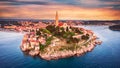 Rovinj, Croatia - Aerial drone view of historical Istria city Royalty Free Stock Photo
