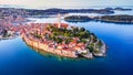 Rovinj, Croatia - Aerial drone view of historical Istria city Royalty Free Stock Photo