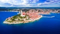 Rovinj, Croatia - Aerial drone view of historical Rovigno in Istria Royalty Free Stock Photo