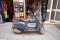 ROVINJ, CROATIA - AUG 30, 2007: Vintage Vespa scooter in front of souvenir shop in old town of Rovinj, Istria, Croatia