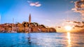 Rovinj Croatia, city village of Rovinj Croatia, colorful town with church and old historical house by the harbor Royalty Free Stock Photo