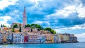 Rovinj Croatia, city village of Rovinj Croatia, colorful town with church and old historical house by the harbor Royalty Free Stock Photo