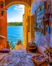 Rovinj Croatia, city village of Rovinj Croatia, colorful town with church and old historical house by the harbor Royalty Free Stock Photo