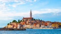 Rovinj Croatia, city village of Rovinj Croatia, colorful town with church and old historical house by the harbor Royalty Free Stock Photo