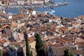 Aerial view of port with moored boats. Typical red ceramic roof tile, Rovinj, Croatia, Istria