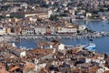 Aerial view of port with moored boats. Typical red ceramic roof tile, Rovinj, Croatia, Istria