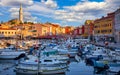 Rovinj Croatia. Motorboats and boats on water in port