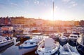 Rovinj old town, Croatia. Motorboats and on water. Royalty Free Stock Photo