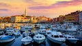 Rovinj old town, Istria, Croatia. Motorboats water in port Rovigno