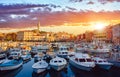 Rovinj Istria Croatia. Motorboats and boats on water in port Royalty Free Stock Photo