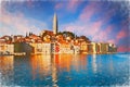 Rovinj, Istria, Croatia: watercolor painting of the town on the coast of the Adriatic sea Royalty Free Stock Photo