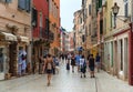 Tourists strolling around the old town of Rovinj, street view, Istrian Peninsula, Croatia