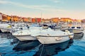 Rovinj old town, Croatia. Motorboats and on water. Royalty Free Stock Photo