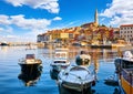 Rovinj old town, Croatia. Motorboats and on water Royalty Free Stock Photo