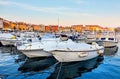 Rovinj old town, Croatia. Motorboats and on water Royalty Free Stock Photo