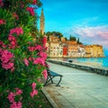 Rovinj old town and flowery walkway on the waterfront, Croatia