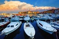 Rovinj old town, Istria, Croatia. Motorboats water in port Rovigno Royalty Free Stock Photo