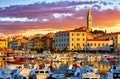 Rovinj old town, Istria, Croatia. Motorboats water in port Rovigno Royalty Free Stock Photo