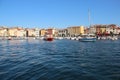 Colorful Harbor And City View. Rovinj Oldtown With Fishing Boat