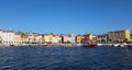 Harbor And City View. Rovinj Oldtown With Fishing Boat