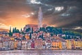 Rovinj. Town of Rovinj waterfront dramatic sky view