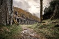 Row of abandoned old miners cottages in slate mine quarry Dinorwic North Wales Royalty Free Stock Photo