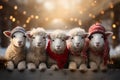 A row of adorable farm animals sheep adorned with Christmas wreaths and Santa hats, spreading holiday cheer. Generative Ai Royalty Free Stock Photo