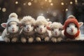 A row of adorable farm animals sheep adorned with Christmas wreaths and Santa hats, spreading holiday cheer. Generative Ai Royalty Free Stock Photo