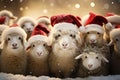 A row of adorable farm animals sheep adorned with Christmas wreaths and Santa hats, spreading holiday cheer. Generative Ai Royalty Free Stock Photo